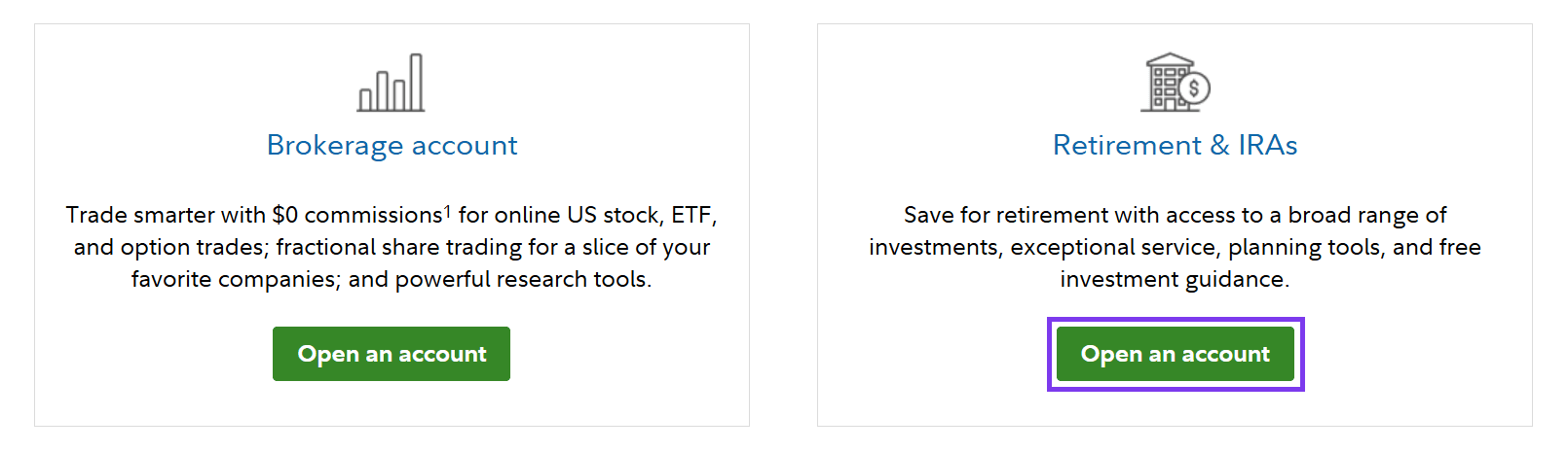 Fidelity's list of account types, with the button for retirement accounts outlined.