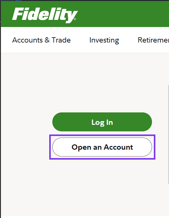 Fidelity's home page, with the button to open an account outlined.