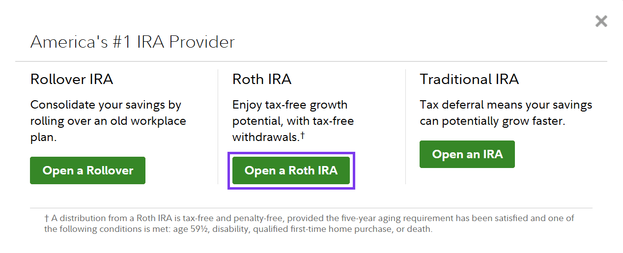 Fidelity's IRA choices, with the Roth IRA button outlined.