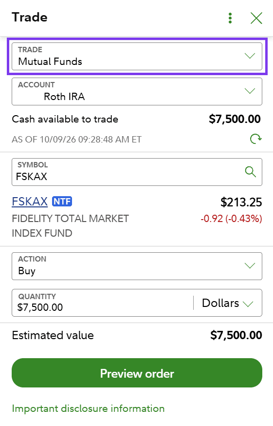 Fidelity's order form for FSKAX: the Roth IRA account, Buy, and a dollar amount.