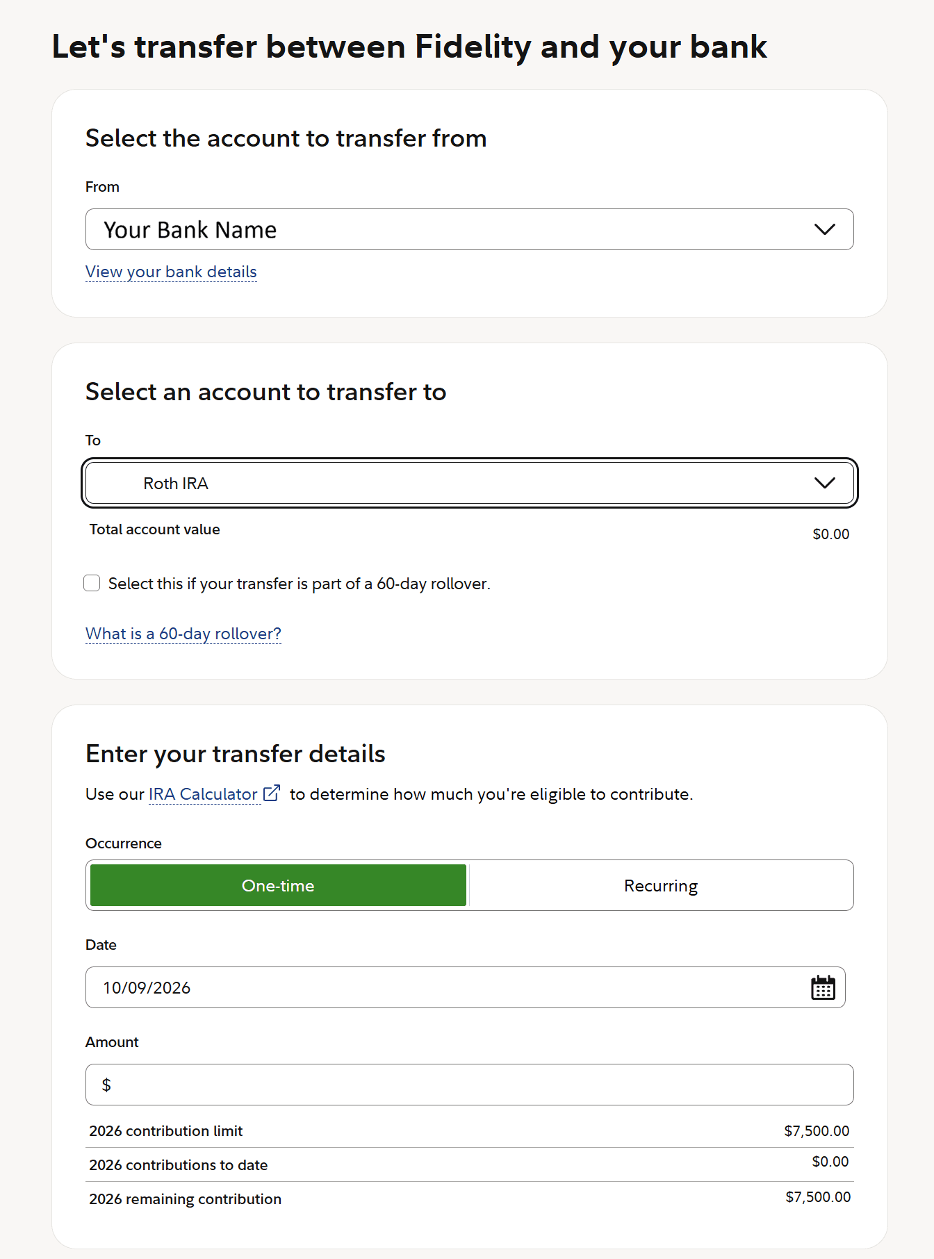 Fidelity's transfer form: from your bank, to your Roth IRA, and the amount.